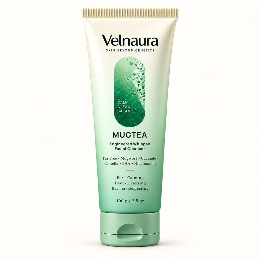 Mugtea whipped facial cleanser tube standing photo against a white background