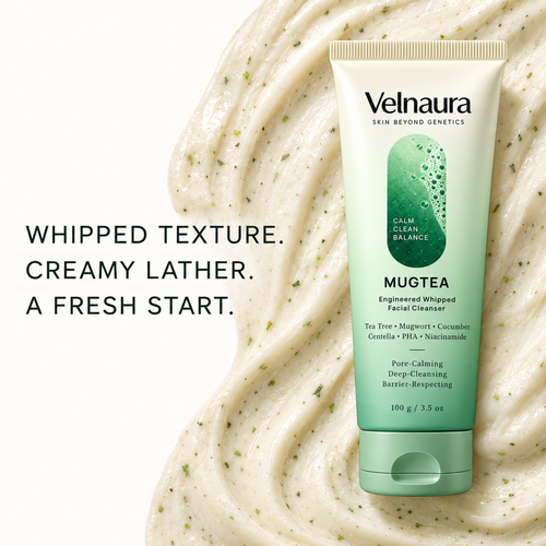 Mugtea whipped facial cleanser tube is placed on the mugtea facial cleanser creamy and whipped texture