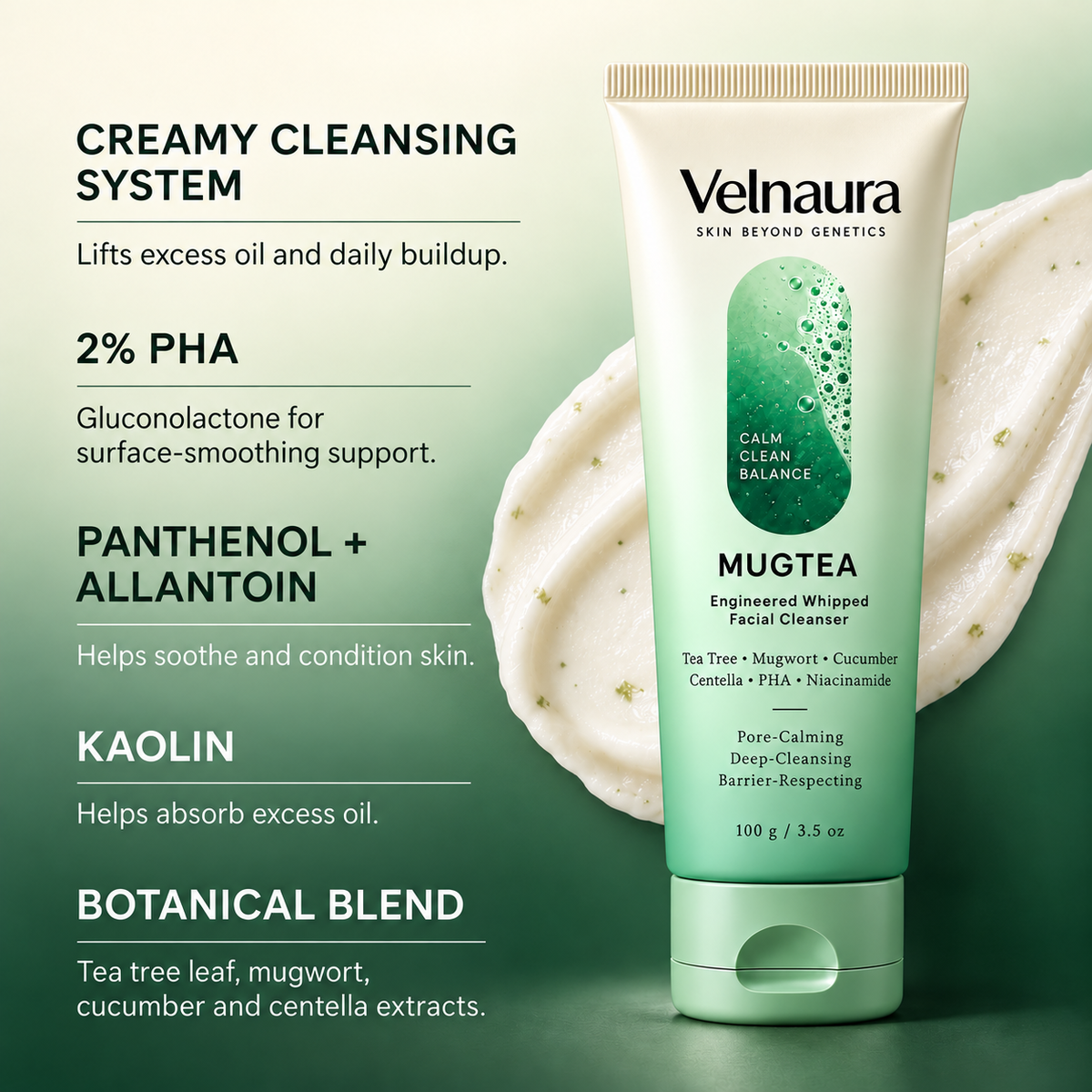 Mugtea facial cleanser tube along with the texture and cleansing system mentioned